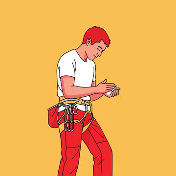 Man in climbing gear applying chalk to hands on a yellow background