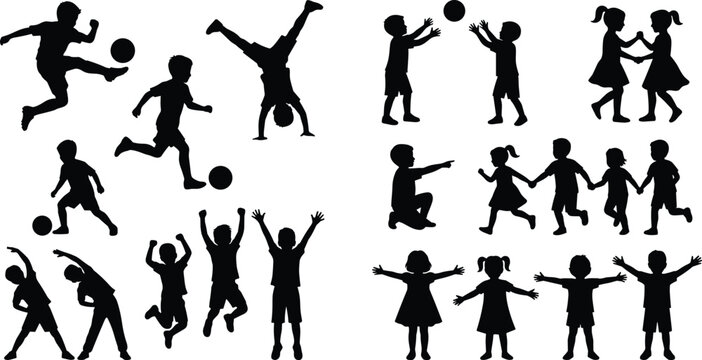 Set of happy children silhouettes playing soccer doing gymnastics and dancing vector illustration isolated