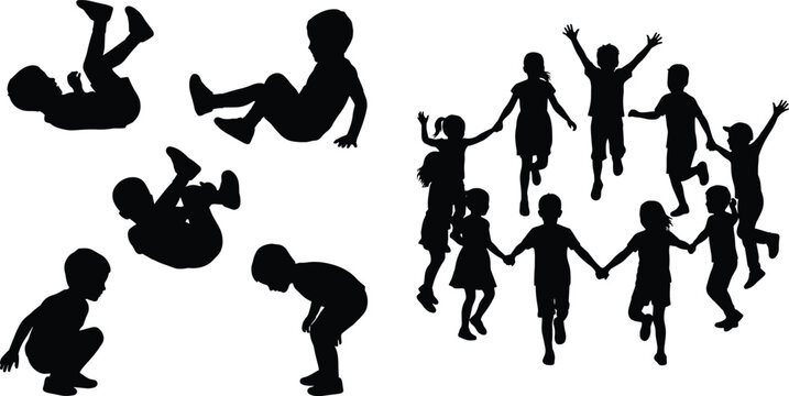 Silhouettes of children playing in a circle and tumbling isolated on white background vector