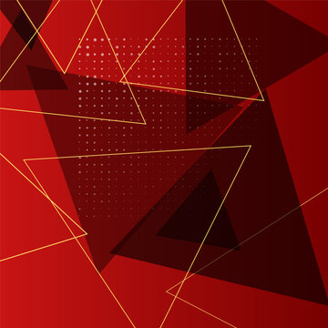 Abstract red geometric background with gold triangle outlines, modern dark crimson pattern with halftone dots, elegant luxury vector backdrop
