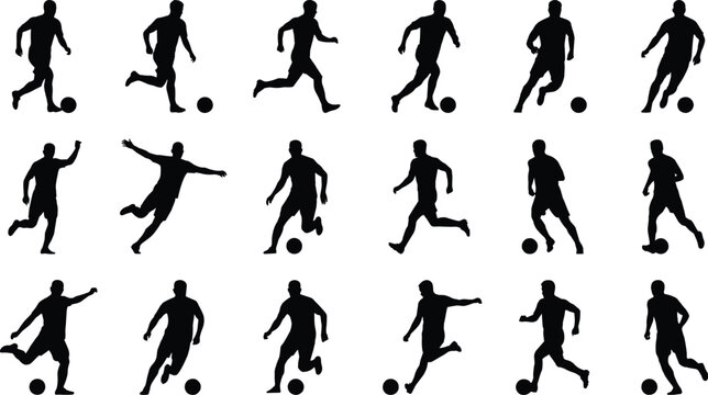 Soccer players running kicking and dribbling football silhouettes collection isolated on white background