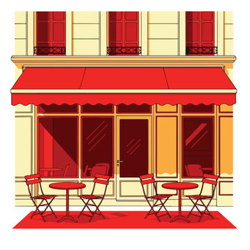 Red outdoor cafe seating and awning in front of a building