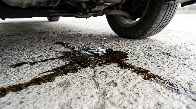 Car engine oil leaking onto the concrete pavement of a driveway or parking lot