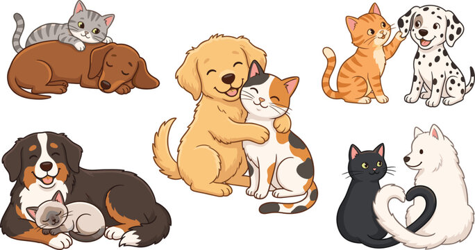 Cute Cat and Dog Best Friends Sticker Set with Adorable Kawaii Puppies and Kittens Hugging and Playing for Pet Care Designs