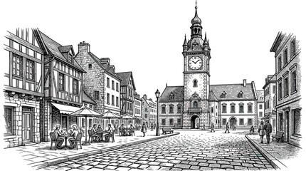 Vintage Town Square with Clock Tower and Cobblestone Street © linggo