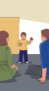 Young boy shows red ball to seated parents indoors