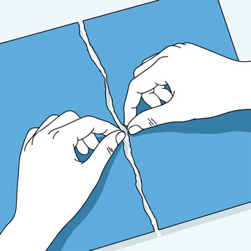 Two hands tearing a blue paper document in half horizontally