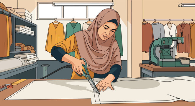 Woman in hijab cuts fabric with scissors at a sewing table in a workshop