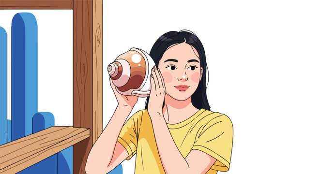 Young woman holding seashell to her ear, wooden structure, abstract blue shapes
