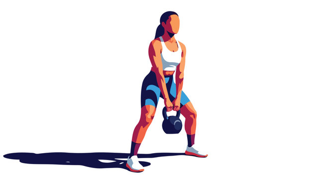 Woman in gym apparel performing kettlebell exercise on white background