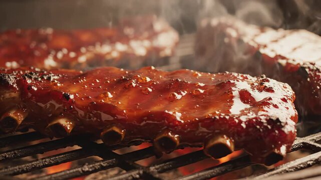 Cinematic macro shot of glistening glaze on grilled ribs with smoke rising. Dark setting enhances the juicy texture of meat. Concept of restaurants, food industry, catering