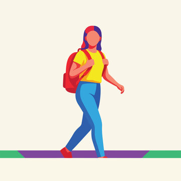 Woman with red backpack walking on colorful path