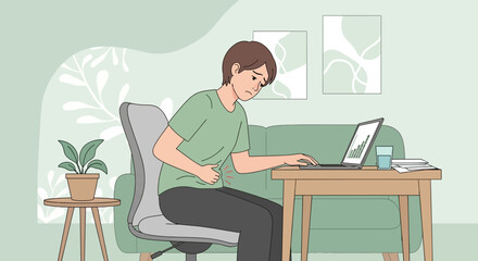 Fototapeta premium Sad Young Professional Experiencing Stomach Pain While Working On a Laptop and in Home Setting