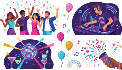 Fototapeta premium Nightclub Party and Celebration Vector Illustration Set with Dancing People, DJ Mixing Music, Disco Ball, and Confetti Poppers for Event Promotion Designs