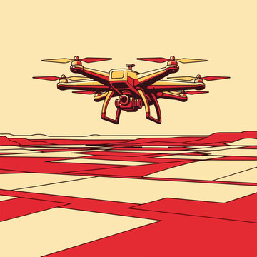 Drone flies over geometric landscape with red and cream colors
