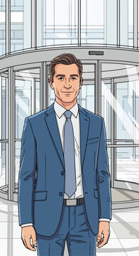 Professional man in suit standing near revolving doors at office building