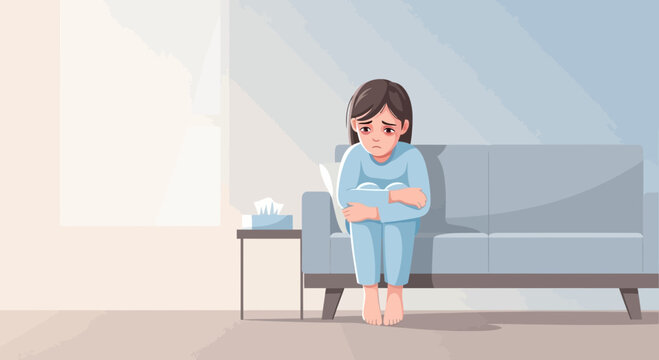Sad Young Woman Sitting on Sofa Depicting Mental Health, Depression and Loneliness