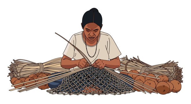 Woman weaving a net with reeds and gourds in a traditional craft setting