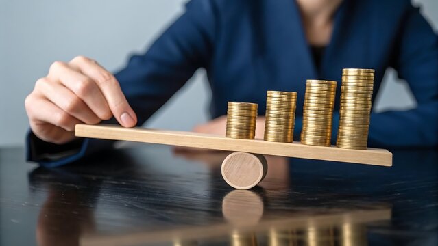 Business person balancing stacks of gold coins on a wooden seesaw to represent financial growth and investment risk