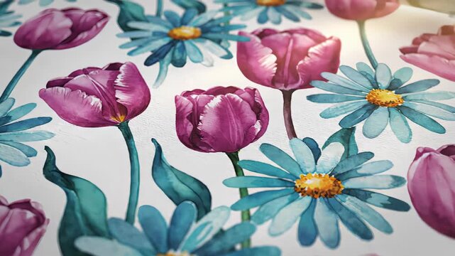 Cinematic slider shot captures vibrant spring floral designs with pink tulips and blue daisies. Floral patterns on fabric create a fresh atmosphere. Concept of textile design, home decor, fashion