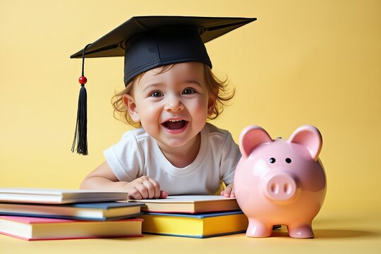 Delighted Toddler in a Graduation Cap Surrounded by Colorful Books and a Happy Piggy Bank, Celebrating Early Learning Achievements and Bright Future Prospects.