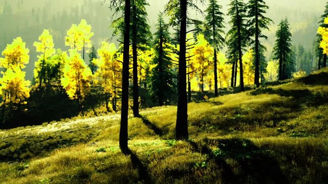 Close pine trunks with sunlit understory, detailed foreground texture and dappled light on meadow, bright yellow foliage beyond, immersive perspective suitable