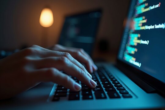 Intimate Capture of Hands on Keyboard with Dark Terminal Interface, Highlighting Code Lines in a Softly Lit, Focused Environment.