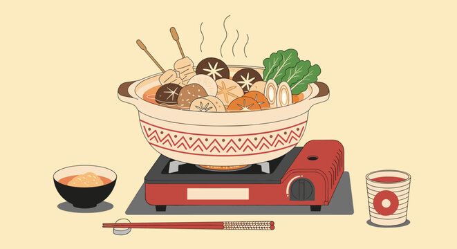 Traditional japanese nabe hot pot sits on a red portable gas stove filled with mushrooms, vegetables, and skewers ready for dining.