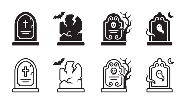 Collection of spooky halloween cemetery grave icons and headstone symbols with tombstone cemetery halloween monument