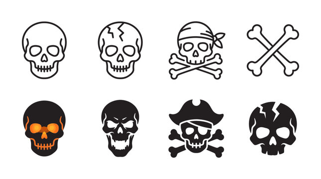 Skull and pirate symbol icon set with skeleton crossbones halloween silhouette eyepatch illustration collection