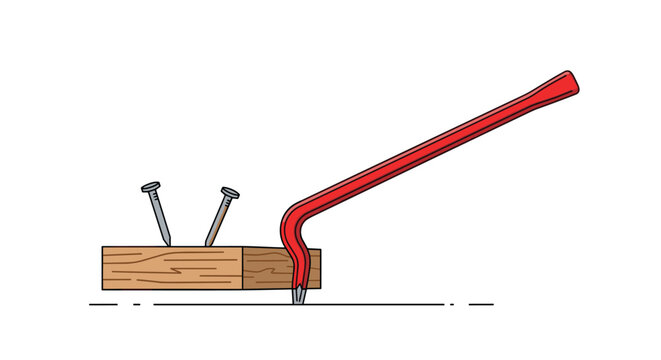 Heavy duty red crowbar is used to pry metal nails out of a piece of wooden plank in a manual labor and construction illustration.