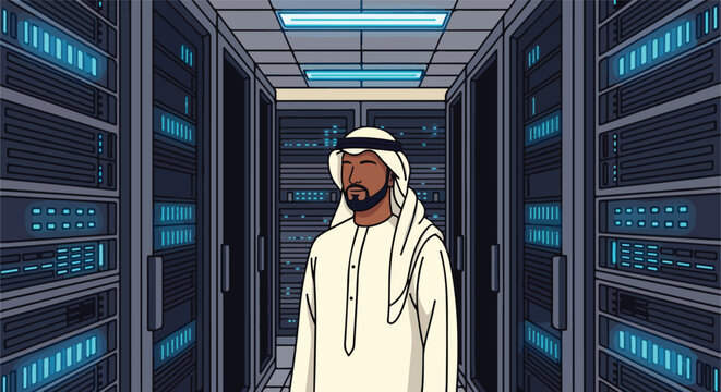 Man in traditional clothing standing in a server room with glowing lights