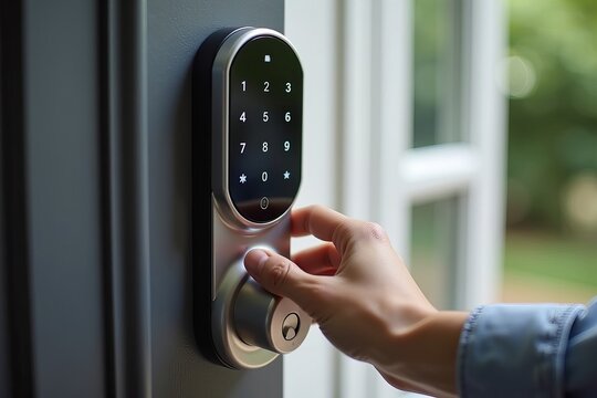 Detailed shot of a hand installing a stylish smart lock keypad on a front door, highlighting the advanced design and contemporary look of the door.