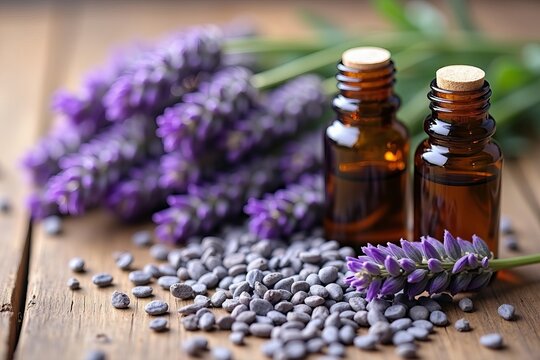Tranquil Display of a Wooden Table Adorned with Dried Lavender Buds and Elegantly Styled Glass Jars of Lavender Essential Oil