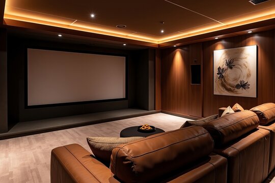 Showcase the Sophistication of a Luxury Home Cinema: Highlighting Elegant Lighting, Premium Seating, and a Stunning Large Screen Backdrop