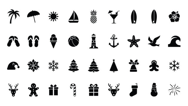 Minimalist black and white seasonal holiday vacation icon collection featuring tropical winter festive symbols for branding marketing