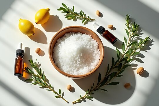 Tranquil Flat Lay Displaying Natural Ingredients Surrounding a Bowl of Fresh Bath Salts, Enhanced by Essential Oil Droppers and Fresh Herbs, Creating Gentle Shadows