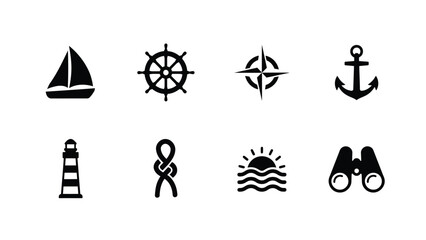 Minimalist nautical icons showcase vintage sailing adventure and maritime exploration with sailboat ship wheel anchor compass lighthouse rope sunset © Mrittunjoy