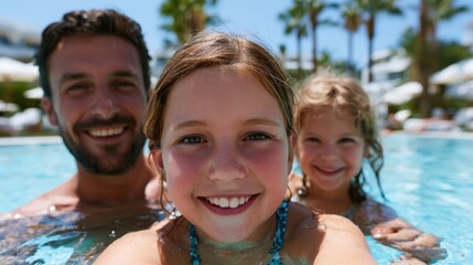 Fototapeta premium Family enjoying a tropical summer vacation in a swimming pool, with children smiling and a father in the background, surrounded by palm trees and resort amenities