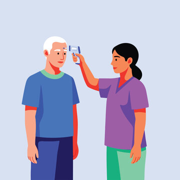 Medical professional checks senior man's temperature with infrared thermometer