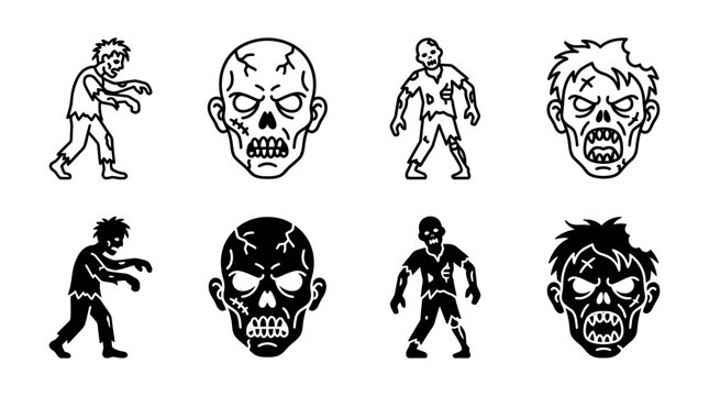 Set of walking zombie and scary monster head icons in flat black and outline style with creature halloween character