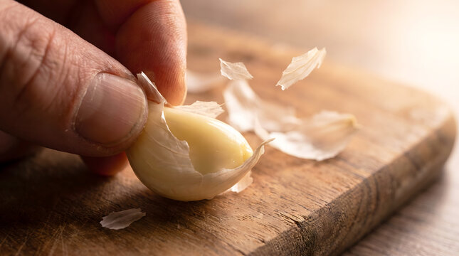 Peeling a clove of garlic on wooden board