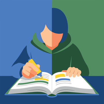 Person reading and marking a book in an educational setting