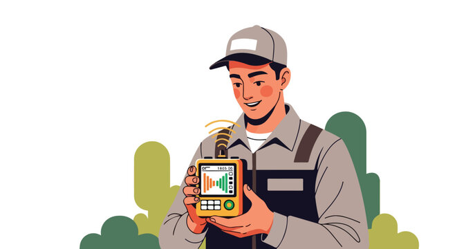 Technician in cap using sound meter outdoors among abstract foliage