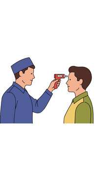 Health check, person uses infrared thermometer to scan forehead of another person