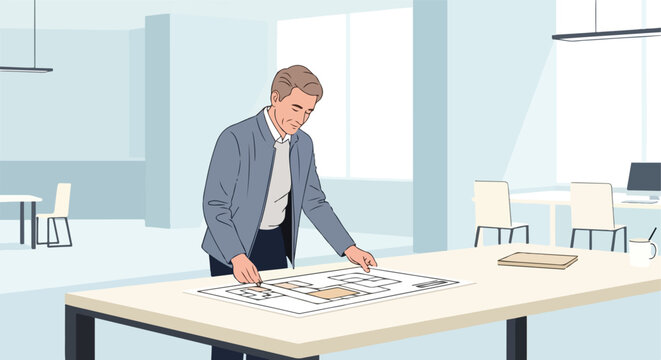Man reviewing architectural plans at a modern office desk