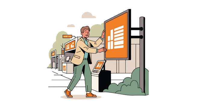 Man adjusts digital billboard at outdoor exhibition featuring informational displays
