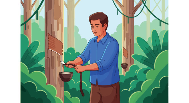 Man collecting latex from tree in lush green forest