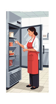 Woman uses infrared thermometer to check food temperature inside a refrigerator