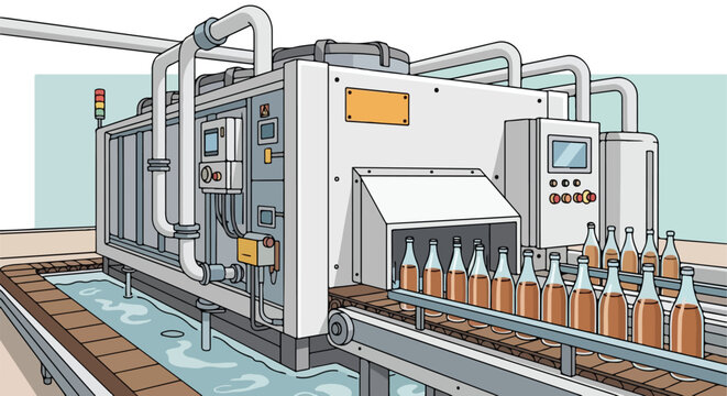 Automated bottle filling and washing machine in a factory